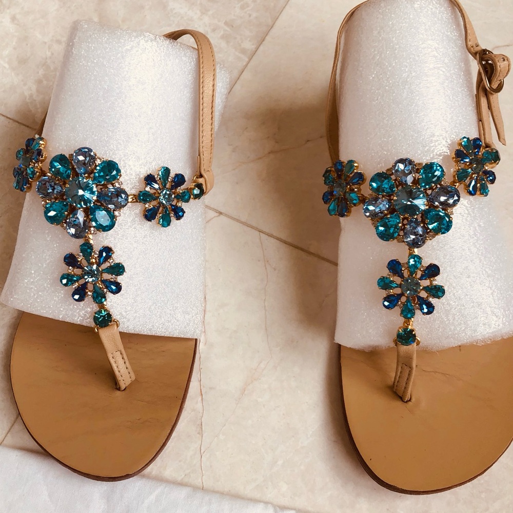 Mario Romano Teal/Clear Jeweled  Crystal Handstitched Luxury Sandals.Size 39